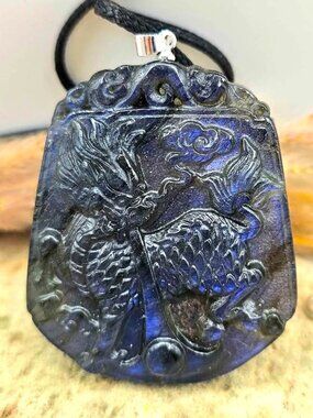 Nature Labradorite Foo Dog Big Pendant Necklace